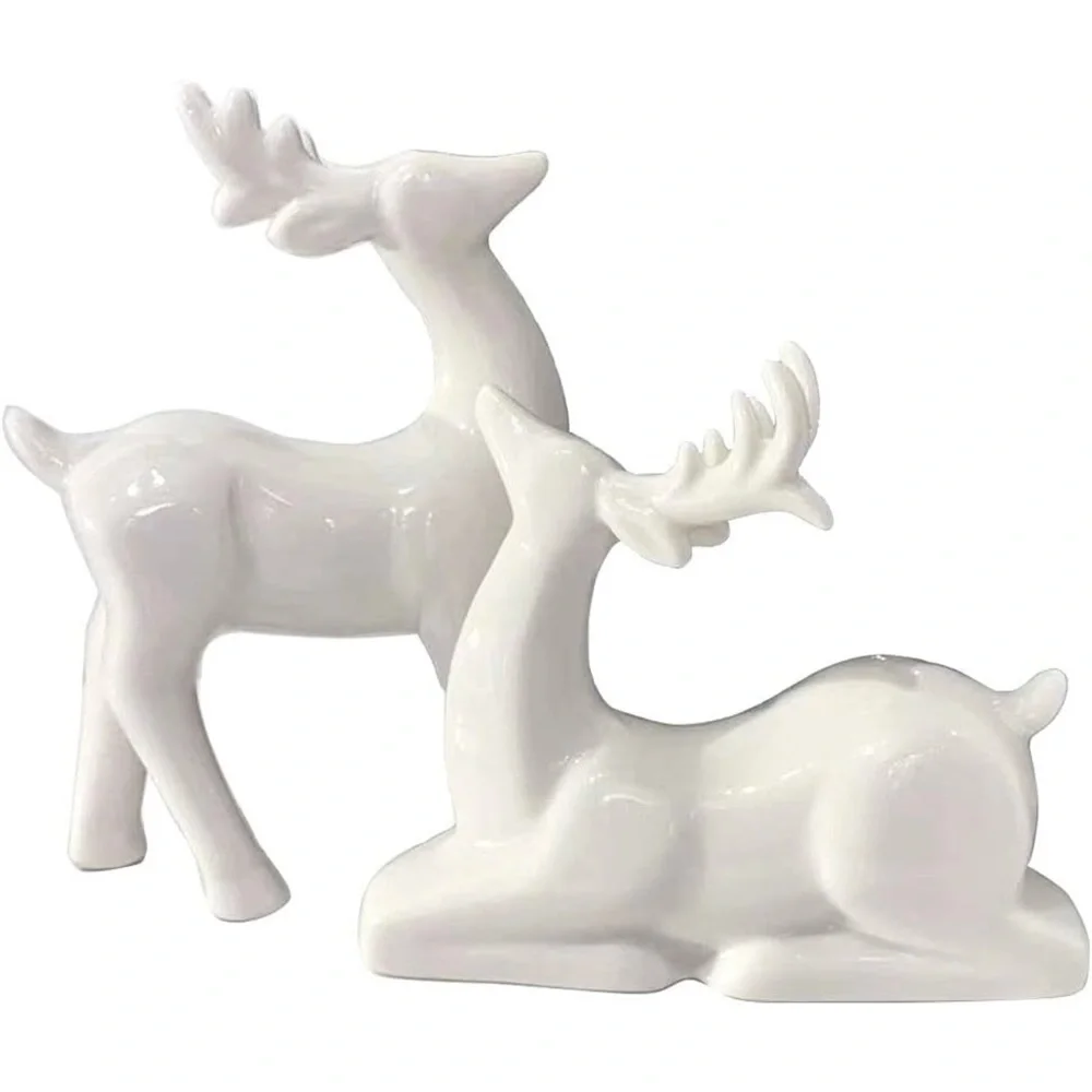 NEW West Elm Modern White Ceramic Deer Holiday Christmas Figurines Set of 2